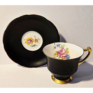 Matte Black and Pastel Floral Gladstone Teacup with Gold Scalloped trim